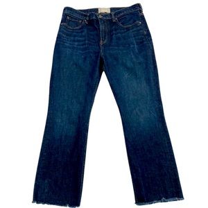 Everlane dark wash straight leg jeans with frayed hem